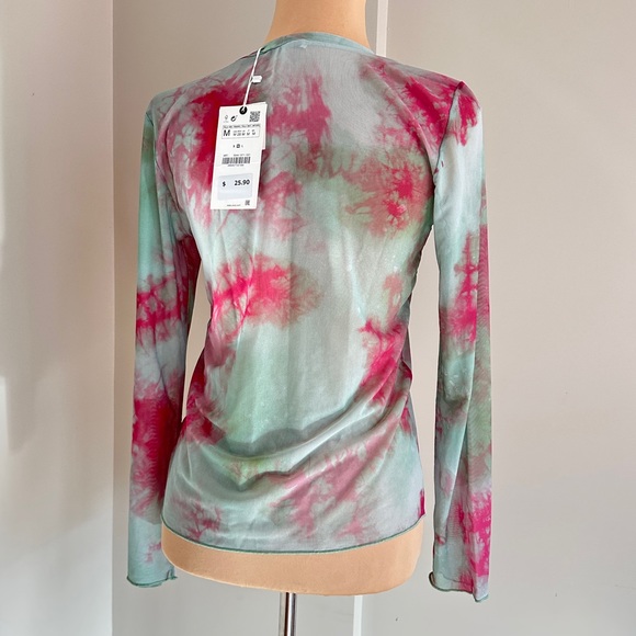 NWT ZARA Green Pink Tie Dye Mesh Long Sleeve Top M - Picture 5 of 14